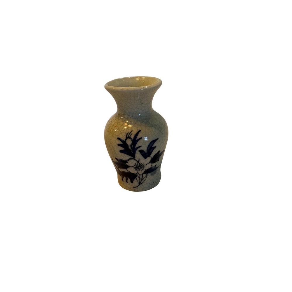 Miniature Blue & White Floral Crackle Glaze CeramicBud Vase 3.5 Inch Chinoiserie